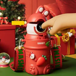 500ML Display Temperature Christmas Thermal Cup with Cup Sleeve Leak-Proof Children Straw Water Bottle Xmas Gifts Decoration
