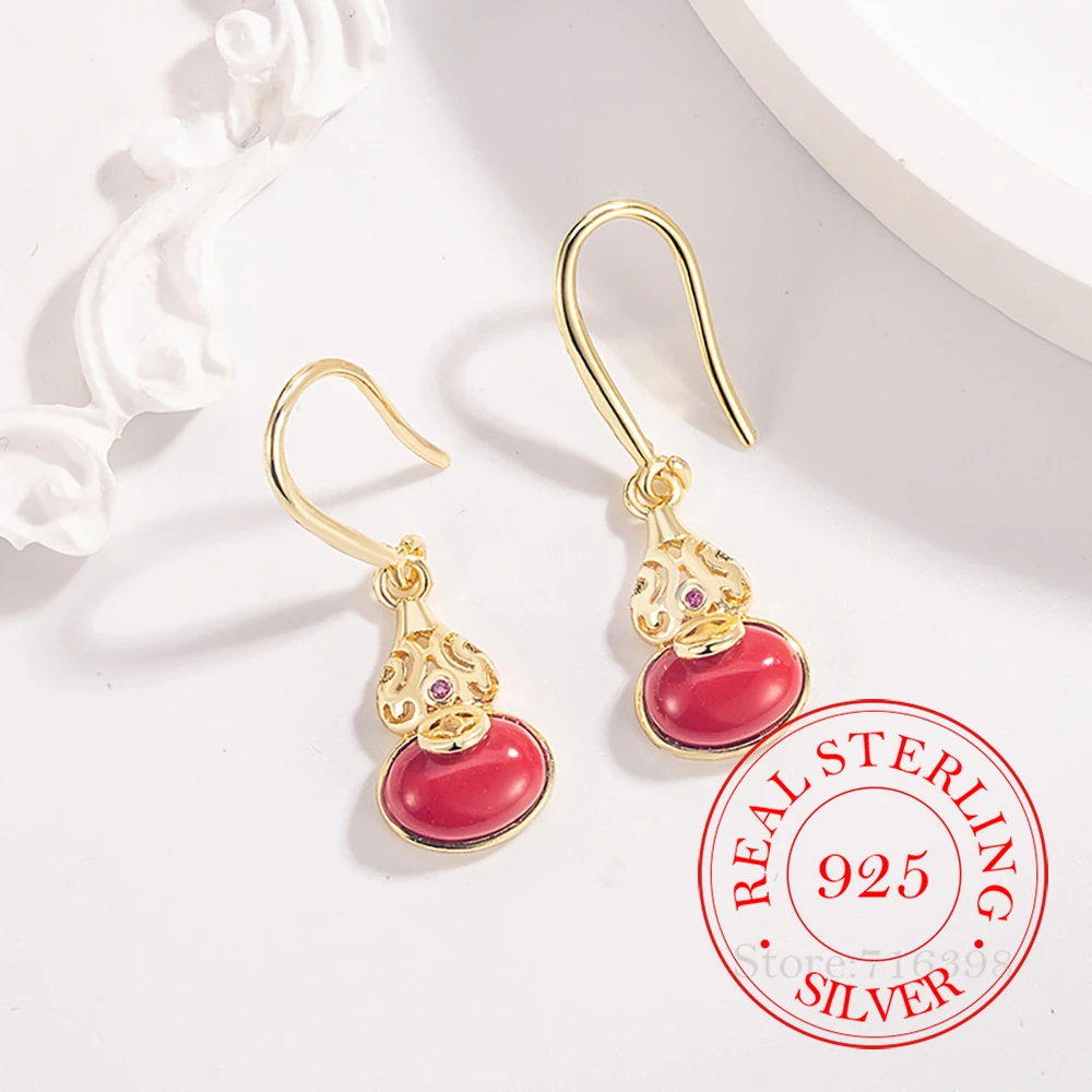 

925 Sterling Silver Jewelry Luxury Red Fortune Gourd Drop Earrings For Women Wedding Party Jewelry For Girls Friend Gift