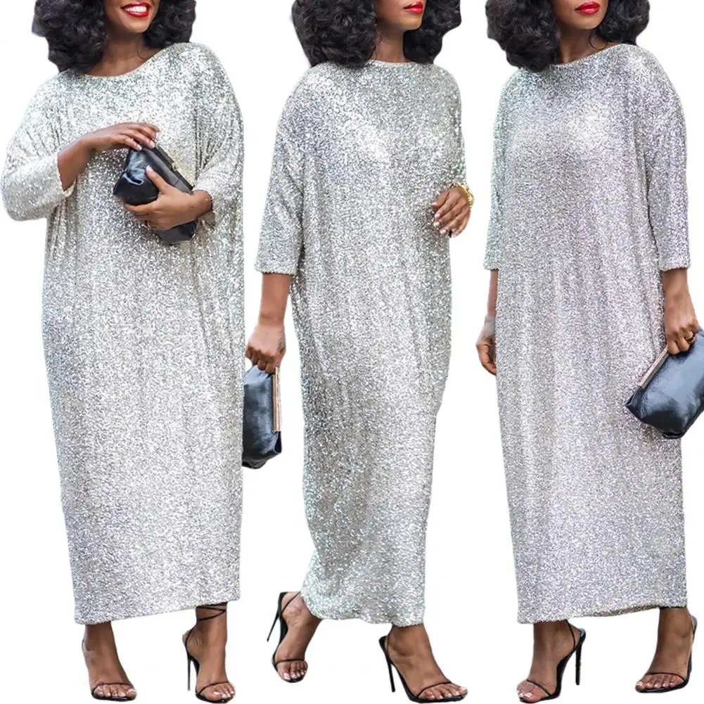 

Women Dress Elegant Sequin Maxi Dress with Three Quarter Sleeves Ankle Length Women's Shiny O Neck Pullover for Commute Style