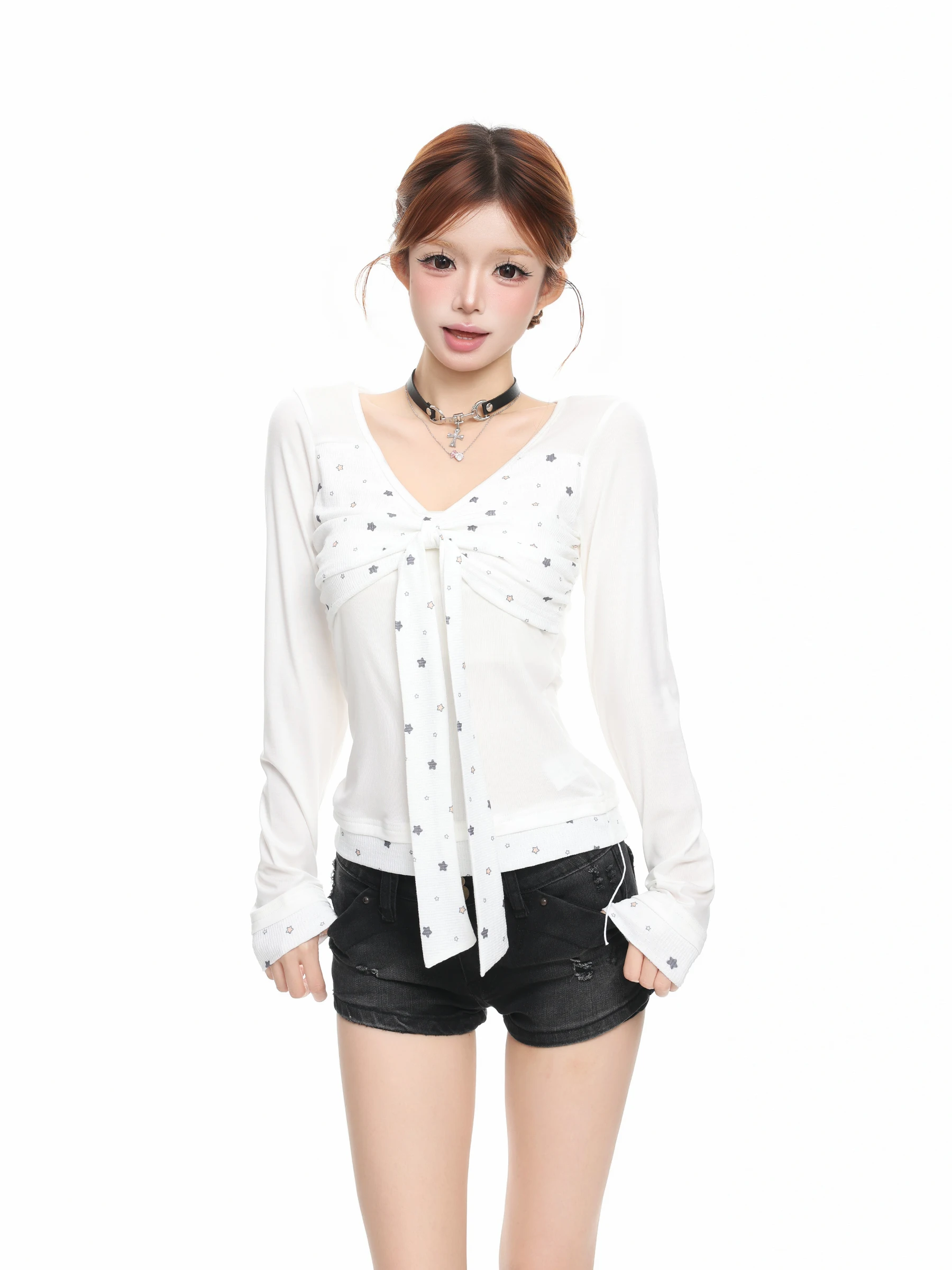 BASTERDS Long Sleeve T-Shirt Women's Autumn Waist Cinching Short Style Star  Knot Design Breathable Comfortable Poly...