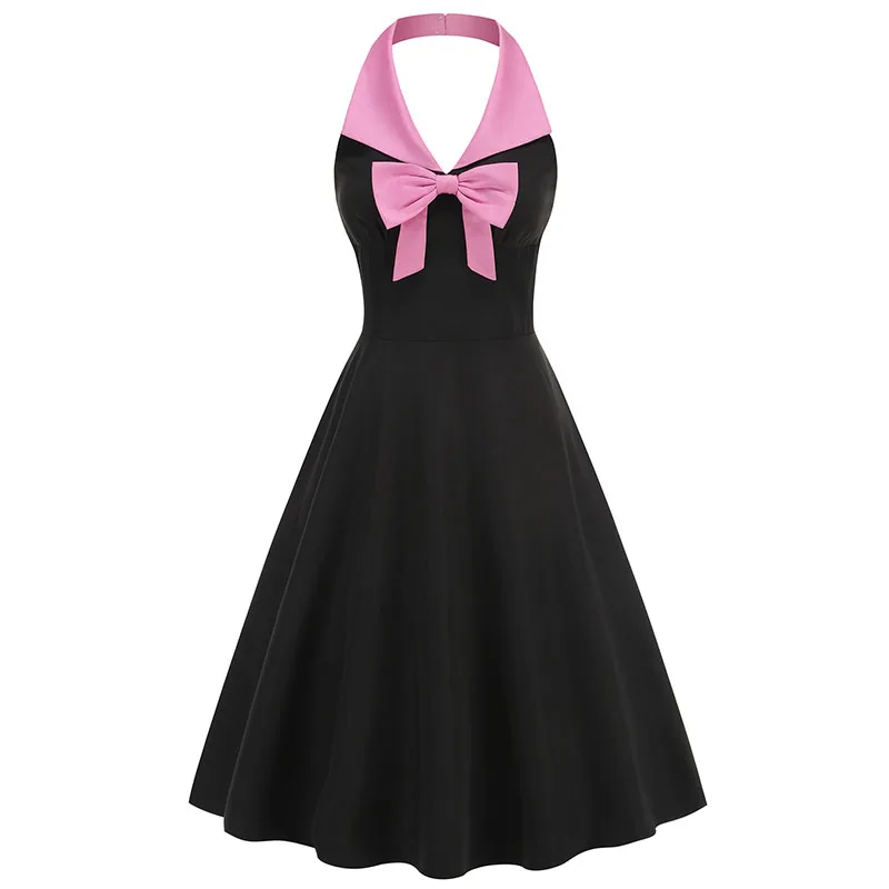 Black Backless Halter Party Dress for Women Summer Slim Swing V-Neck Elegant Vacation Style Prom Gown with Bow Vintage Fashion