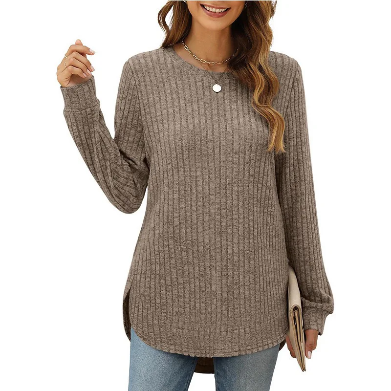 Women Crew Neck Vertical Ribbed Long Sleeve Curved Hem Split Side Loose Casual Tunic Top