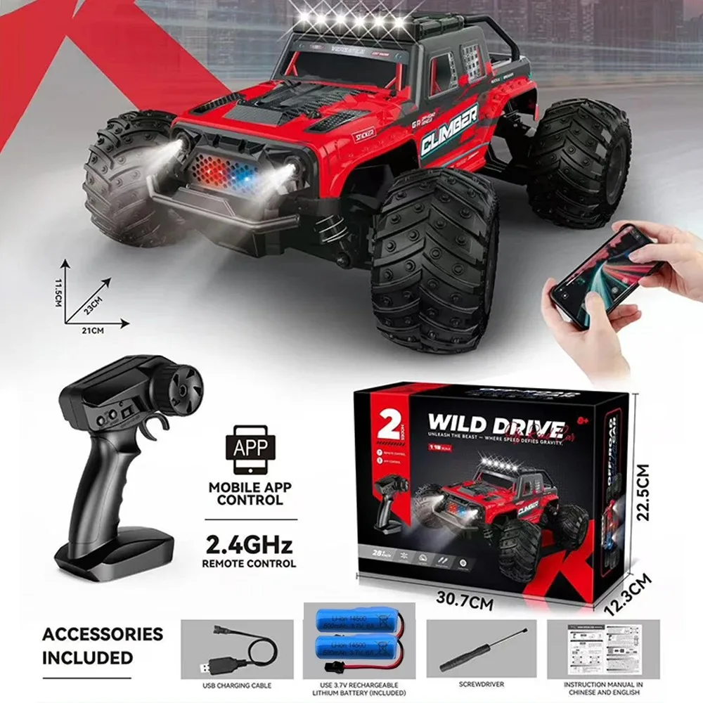 2.4GHz Mobile APP Dual Use， RC 1:18 Pickup Monster Truck High Speed Off-Road Remote Control Car Toy for Kids Boys Girls Gift