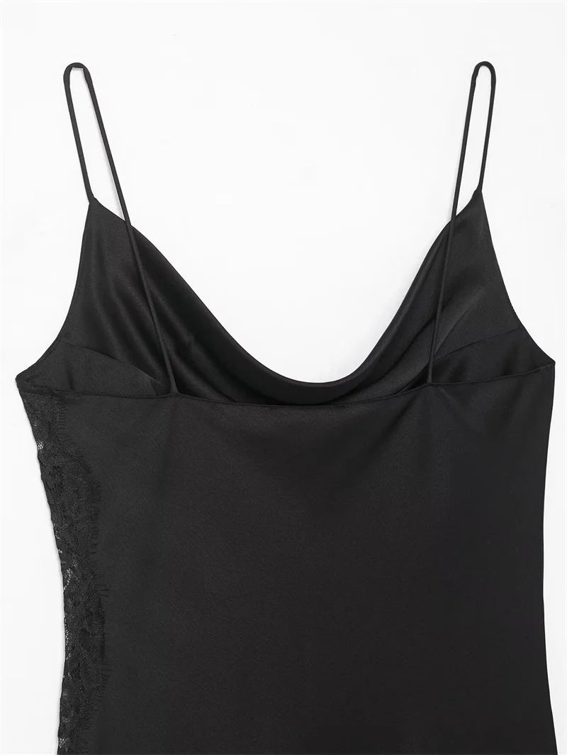 فستان نسائي شتاء 2025 جديد أسود Strappy دانتيل تقليم غير متماثل هيم فستان طويل أنيق وأنيق #6