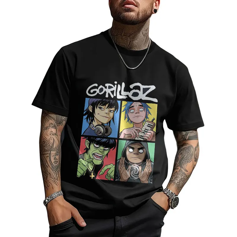 Gorillaz Virtual Rock Band Graphic T‑shirt Unisex Vintage Y2K Tee Hip Hop Streetwear 0824 Casual Cotton Tops S-6XL Fan Gift