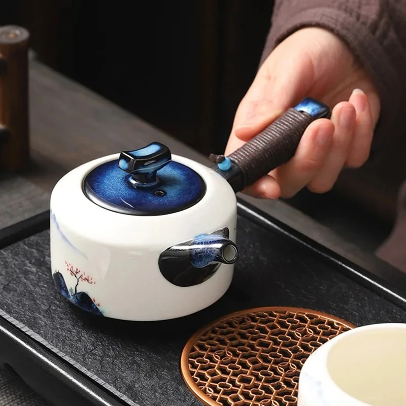 

Tianmu Home Hand-painted Landscape Painting Retro Teapot Glazed Side Handle Teapot Single Teapot Handle Tied Rope Teapot