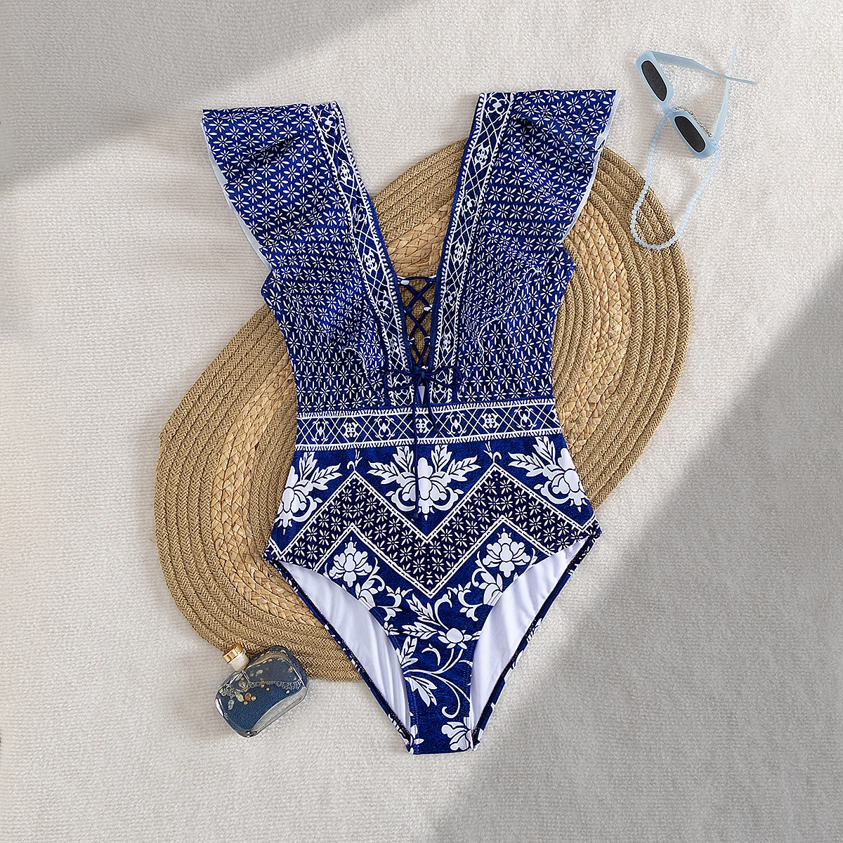

Модный синий принт с рюшами на плечах, женский цельный купальник, женский купальник с галстуком, сексуальный женский купальник с v-образным вырезом, большие размеры, пляжная одежда Getways