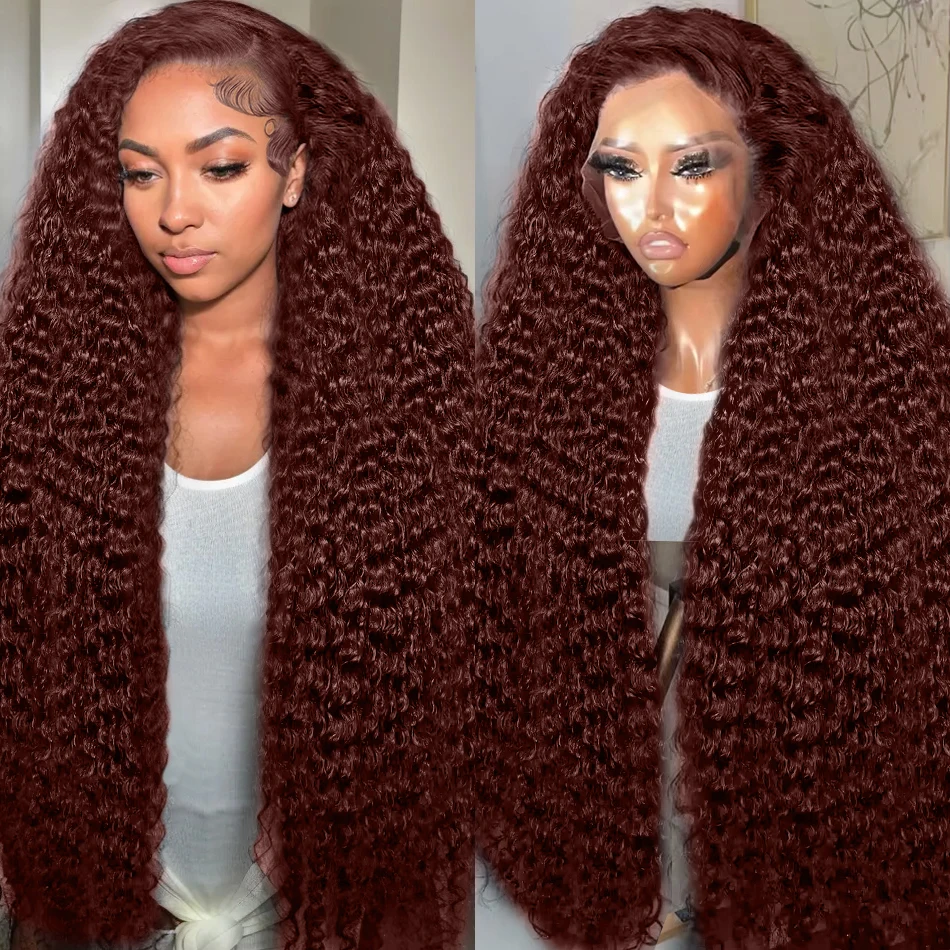 Reddish Brown Water Wave Human Hair Wig 13x6 HD Lace Frontal 200 Density Brazilian 4x4 Closure Deep Wave for Black Women 30-40 Inch