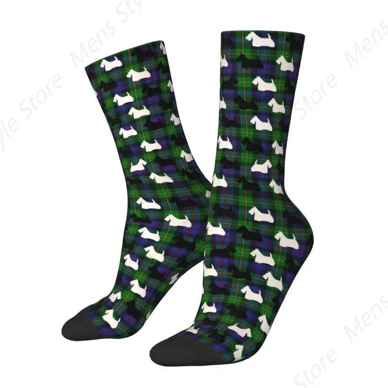 Blue Green Tartan Scottish Terrier Plaid Dress Socks Men's Women's Warm Funny Novelty Scottie Dog Crew Socks