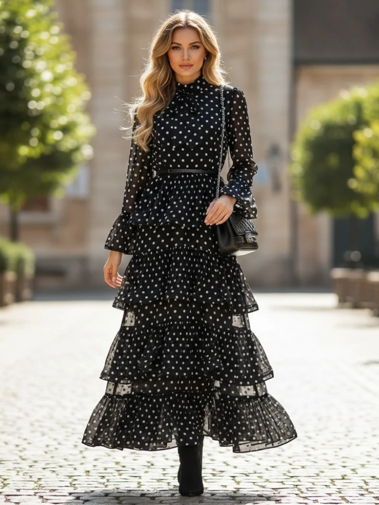 Light Luxury Autumn New Item Polka Dot Pattern Pleated Hem Layered Skirt Long Dress Dinner Skirt