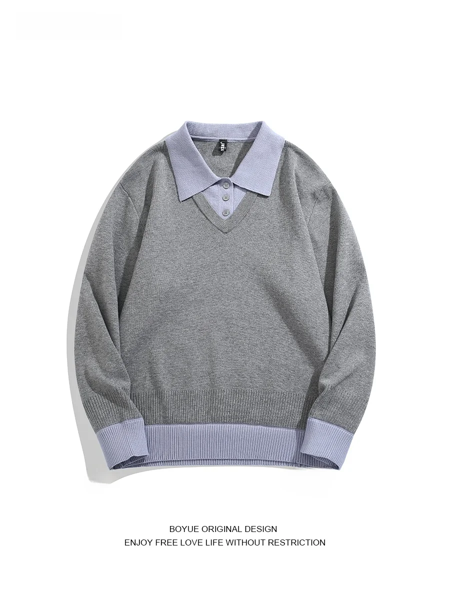 

BOYUE Casual Knitted Sweater Fake Two-Piece Patchwork Vintage Sle Student Basic Men's And Women's Winter Long Sve Top