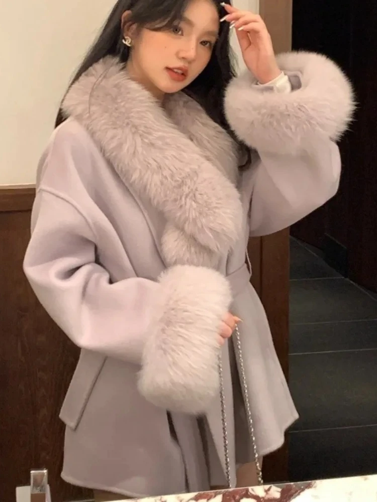 المرأة سميكة الدافئة الكشمير الفراء الطبيعي معطف الصوف ريال فوكس الفراء سترة صوفية 2025 جديد فاخر الخريف الشتاء الملابس الإناث