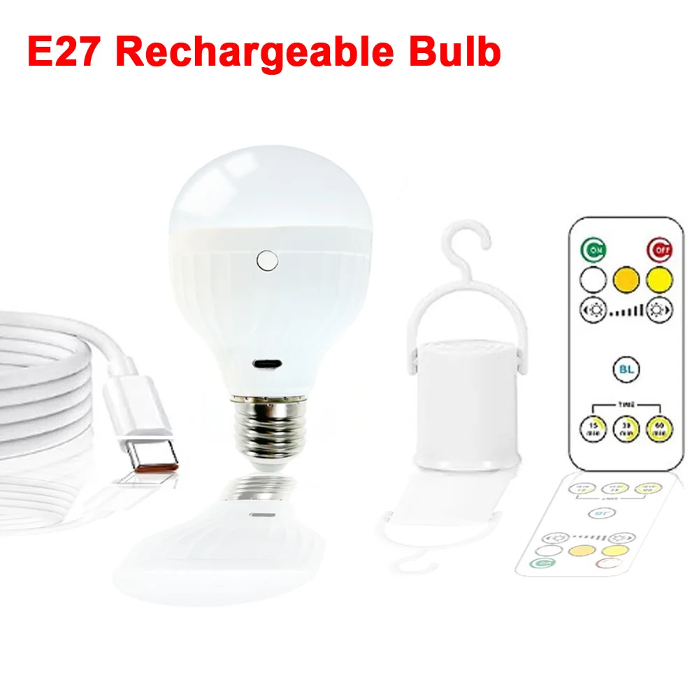 

E27 LED Light Bulb USB C Rechargeable Emergency Lamp Remote Control 3 Lighting Modes For Home Power Outage And Outdoor Camping