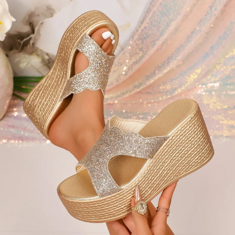Fashion Summer Glitter Design Wedge Women's Sandals 2026 New Hollow Out Solid Thick Soled Comfort Women Shoes Босоножки Женские