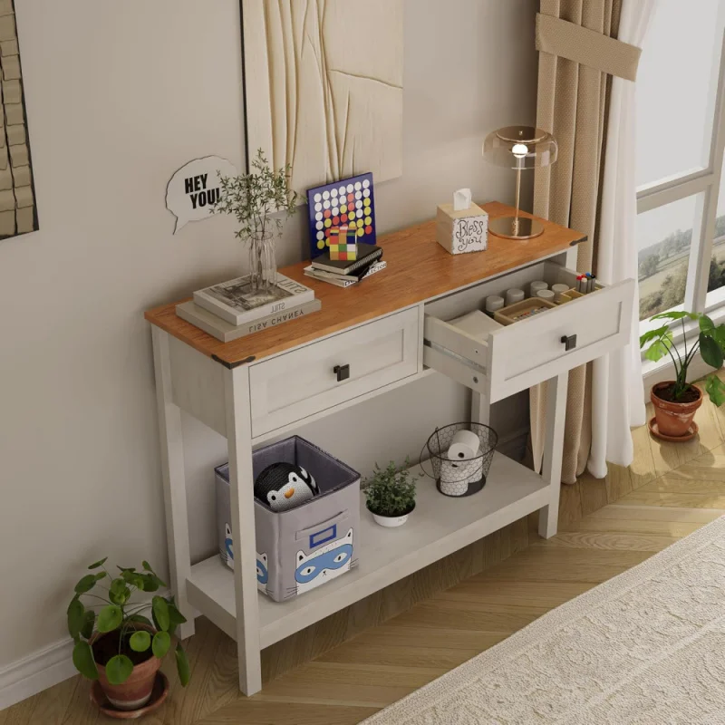 Table with 2 Drawer for Entryway Rustic Sofa Table with Open Storage Shelf Hallway Table with Wooden Frame