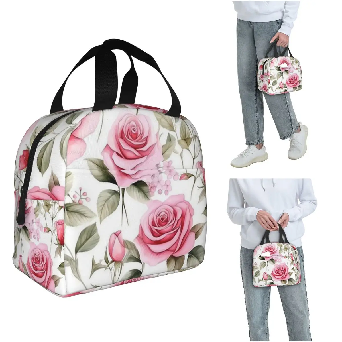 Isolierte Lunchtasche mit rosa Rosen-Aquarellmuster für Damen und Kinder, auslaufsichere Lebensmittelboxen, Thermo-Lunchbox-Tragetasche