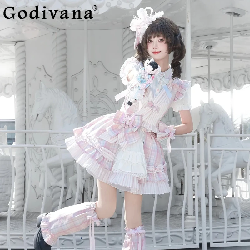 

Japanese Sweet Lolita Short-sleeved Top and Cake Skirts 2-piece Set Summer Women's Singing Clothes Kawaii Girl's Y2k Skirt Set