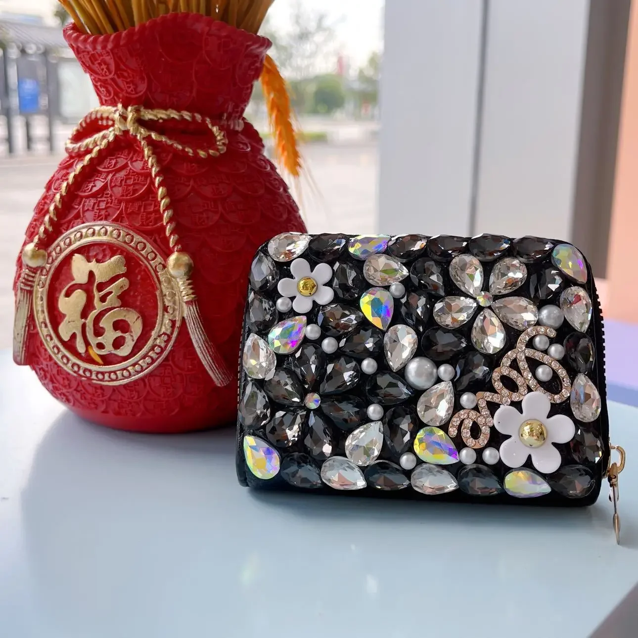 Luxury Diamond Card Storage Bag Wallet New Multi-Slot Card Holder Zipper Coin Purse Small Clutch PU Money Bag Purse Cardholder