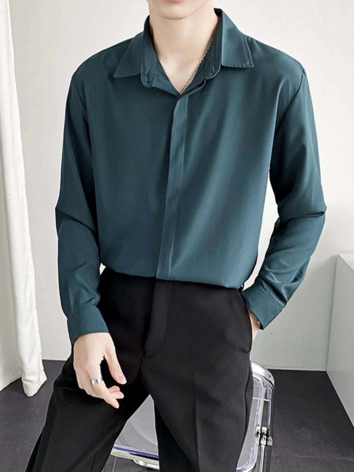 

Men's Long Sve Loose Fit Trendy Bla White irt Chiffon Lightweight Mature Top Premium No Ironing Dra Smooth C...