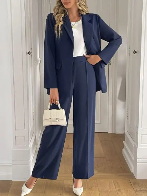

Classic Women's Suit Set Solid Color Lapel Button Front Slim Fit Long Sleeved Suit Jacket High Waist Straight Leg Pants Set