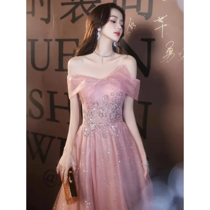 エレガントなピンクのオフショルダーグリッタースパンコールイブニングドレス 2025 高級チュールボールガウンパーティードレス Vestdos De Fiesta カスタマイズ