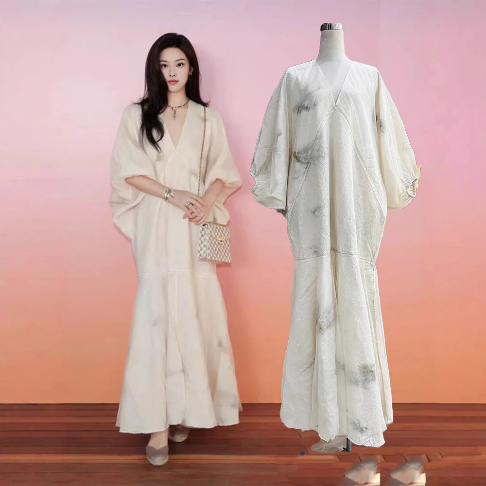 

2026 new Chinese v-neck double-layer yarn loose and thin retro temperament vacation dress