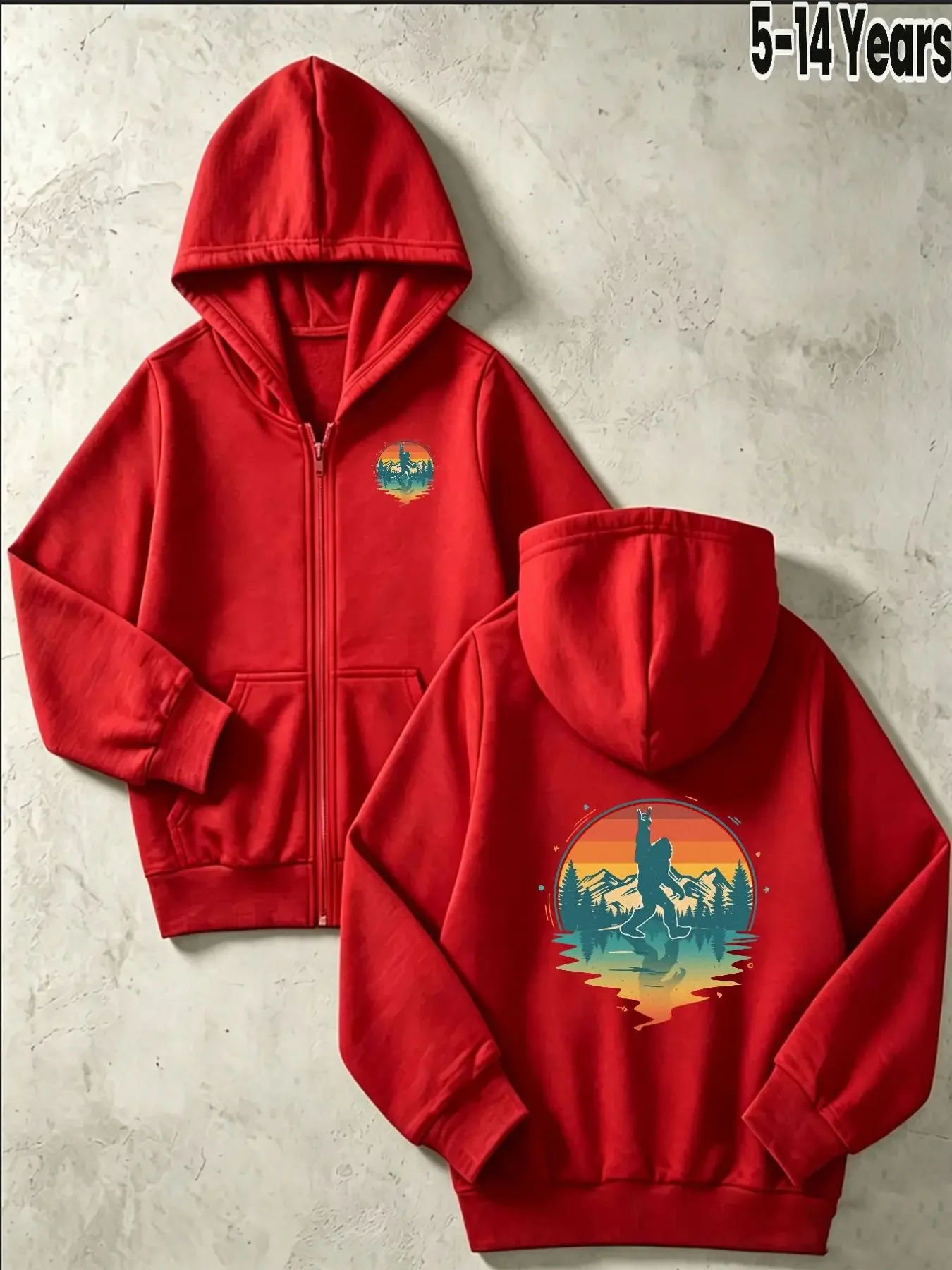 Kids Retro Sunset Bigfoot Mountain Graphic Zip Up Hoodie Loose Long Sleeve Hooded Jacket Outdoor Casual Outerwear For Boys Girls