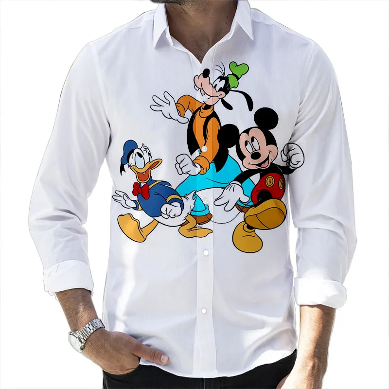 Street Style Donald Duck Cartoon 2024 Spring Harajuku New Fashion Casual 3D Printed Long Sleeve Lapel Shirt Slim Men\'s Top