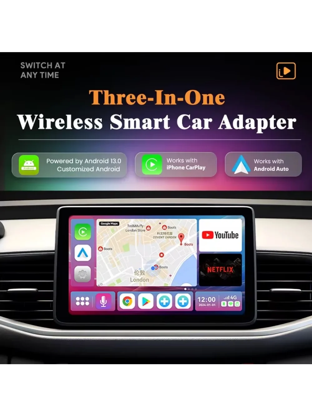 Smart Android AI Box Portable Wireless Carplay Adapter Universal Iphone Ios & Android OS