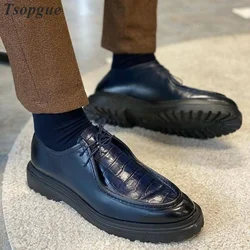 Cross-Tied Dark Blue Alligator Skin Patchwork Men's Pumps Shoes For Men Runway Casual Party Shoes 2023 Fashion Zapatillas Muje