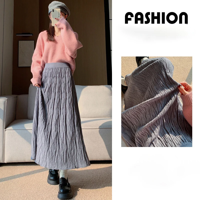 

2025 Autumn Winter Irregular Pleated Long Skirt Women Elegant Elastic Waist A-Line Skirts Korean Casual Loose Maxi Skirts Woman