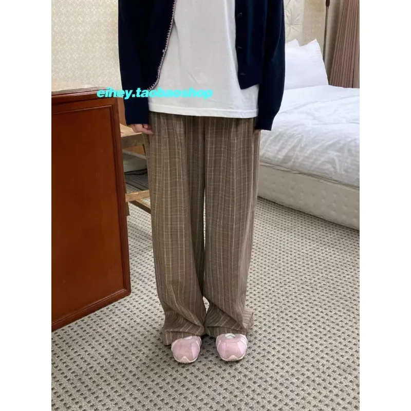 

Streetwear Loose All Match Straight Pants Women 2024 Spring New High-waisted Contrast Color Plaid Draped Wide Leg Pants