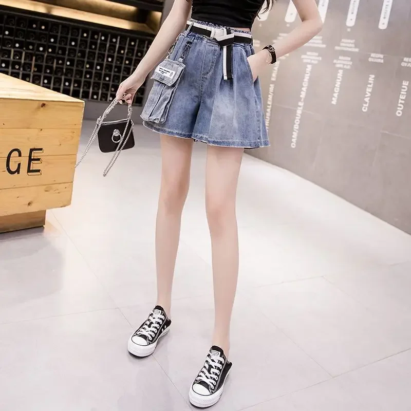Women's Elastic Waist Workwear Denim Shorts, Casual, Detachable Pockets for Wearing, Wide Leg Pants, Outside, Summer, New