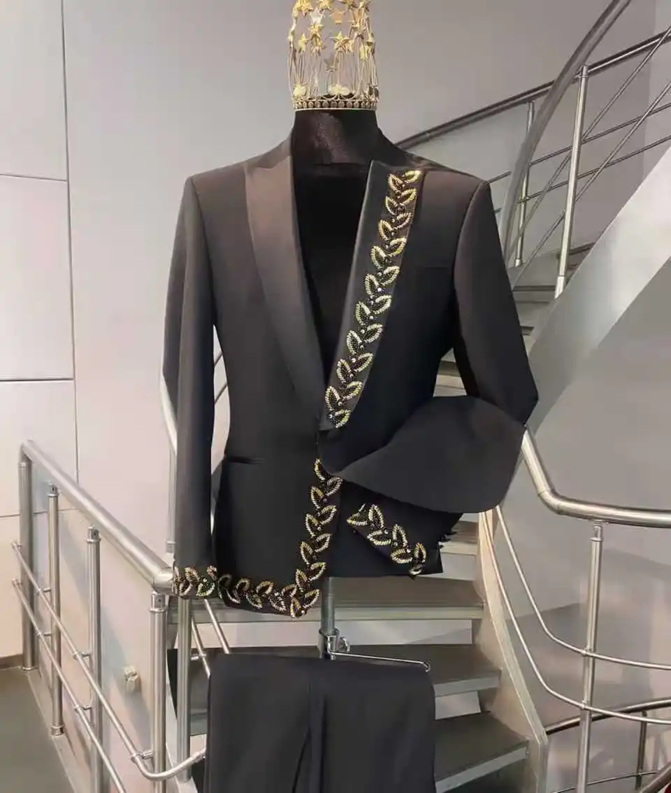 

Black Men Suits Set 2 Pieces Blazer+Pants Trousers Luxury Stone Crystals Wedding Tuxedos Jacket Formal Office Cotton Male Coat