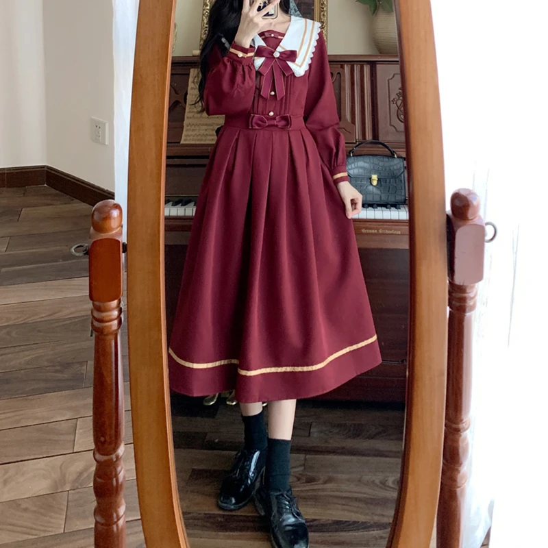 Spring Autumn Dresses Oversized Sweet Preppy Style Long Sleeve Bow Decoration Vestidos All Match Elegant 2023 New Women Clothing