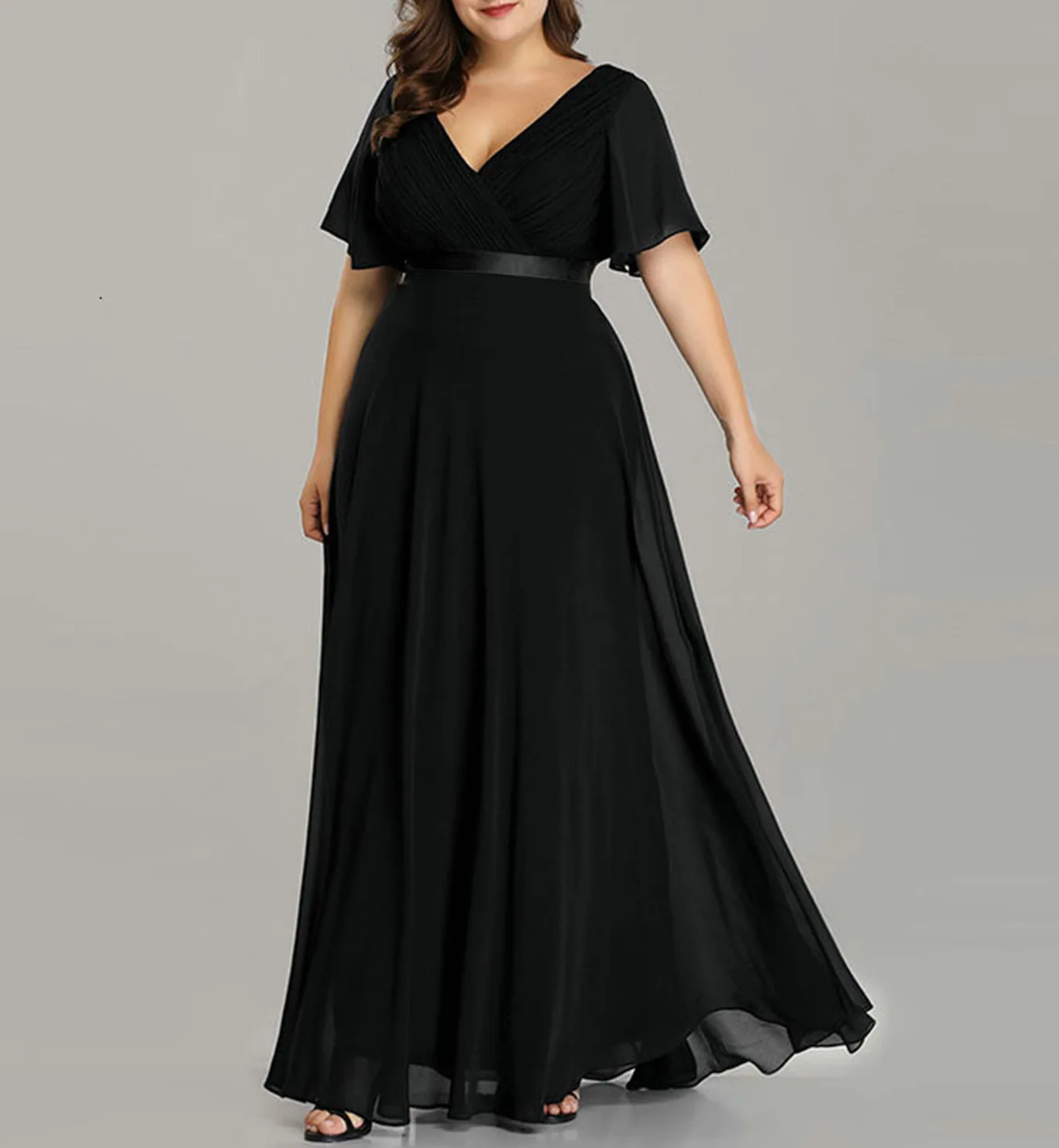 Nowe damskie sukienki wieczorowe Plus Size Długa elegancka linia V Szyja Ruffles Szyfonowa suknia ślubna Robe De Soiree