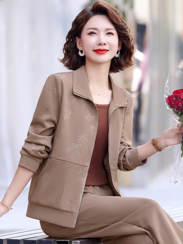 

Casual Sportswear Set for Older Women Spring Faion Outerwear Loose Fit Long Pants Zipper Closure Regular Sve Polyester B...