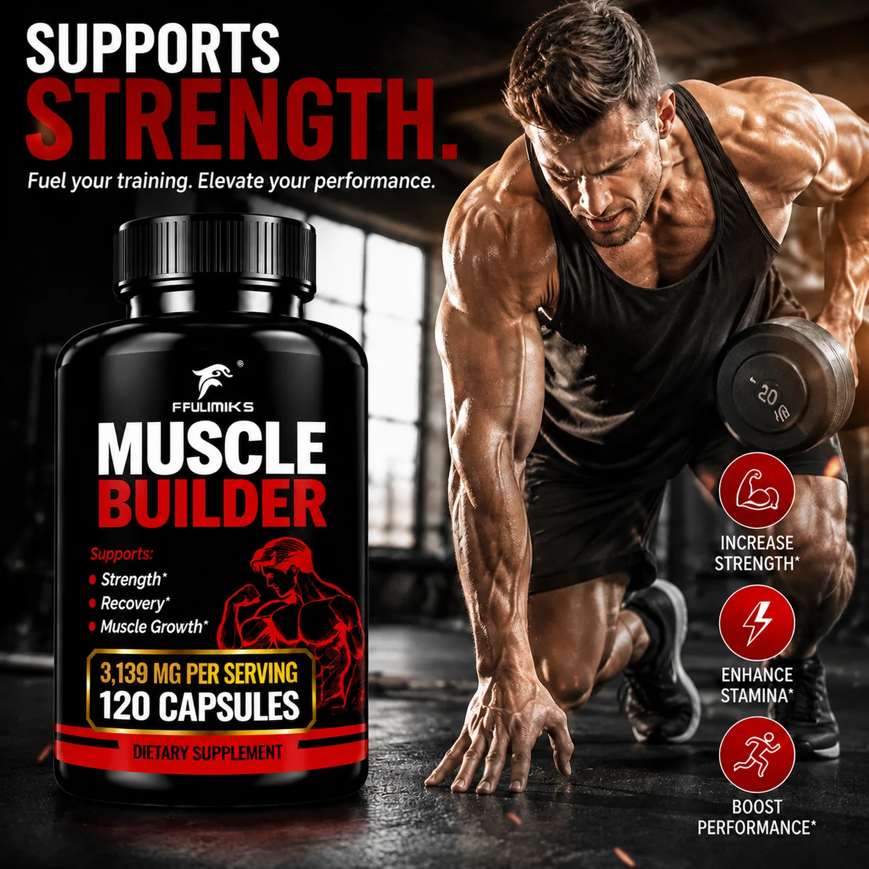 Anabolic Muscle Builder Supplement, 6-in-1, Muscle Builder & Performance Enhancer, Support Muscular Strength & Growth, for Men