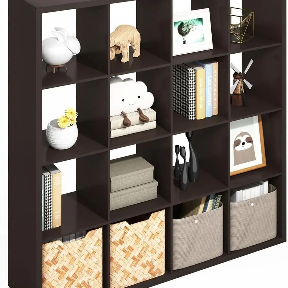 وحدة رفوف خلفية مفتوحة مكونة من 16 مكعبًا - منظم تخزين بإطار سميك للمكتب المنزلي وغرفة المعيشة في بلوط داكن