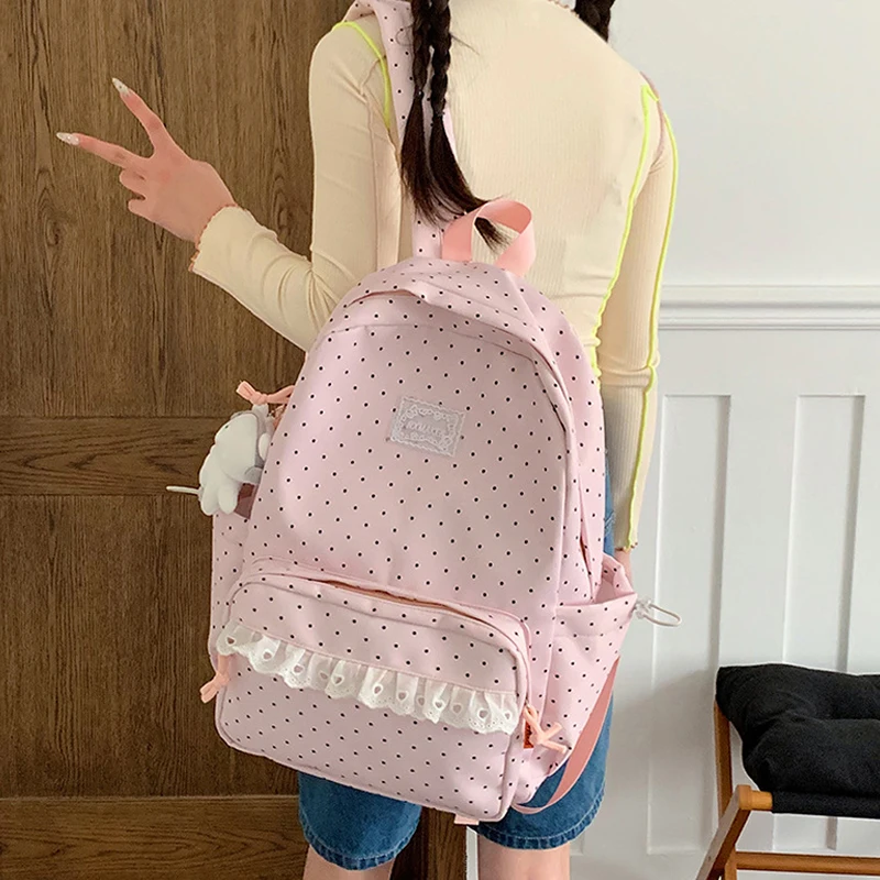 Modischer Rucksack, Damen-Schulrucksack mit Polka-Dot-Muster, süßer Spitzenbesatz, koreanischer leichter Schulrucksack mit großer Kapazität für Mädchen und Studenten – Detail 15