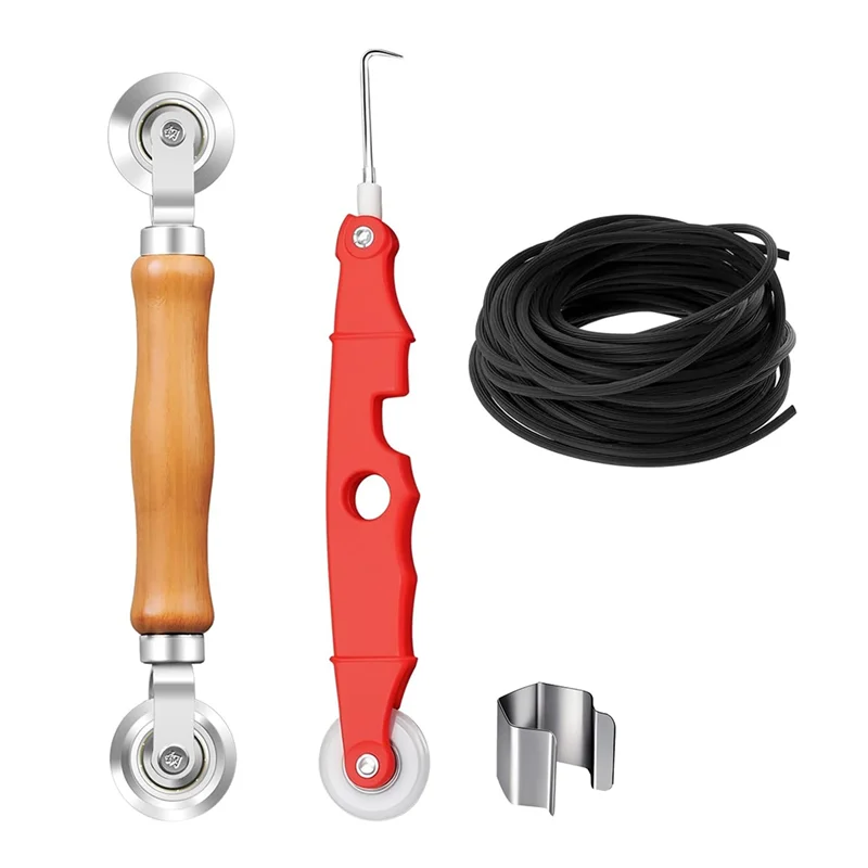 ABGH-Fly Screen Repair Set Tool Double Wheel Sealing Roller With Wooden Handle Rubber Piping Tape Removal Hook Clip 4 Pack