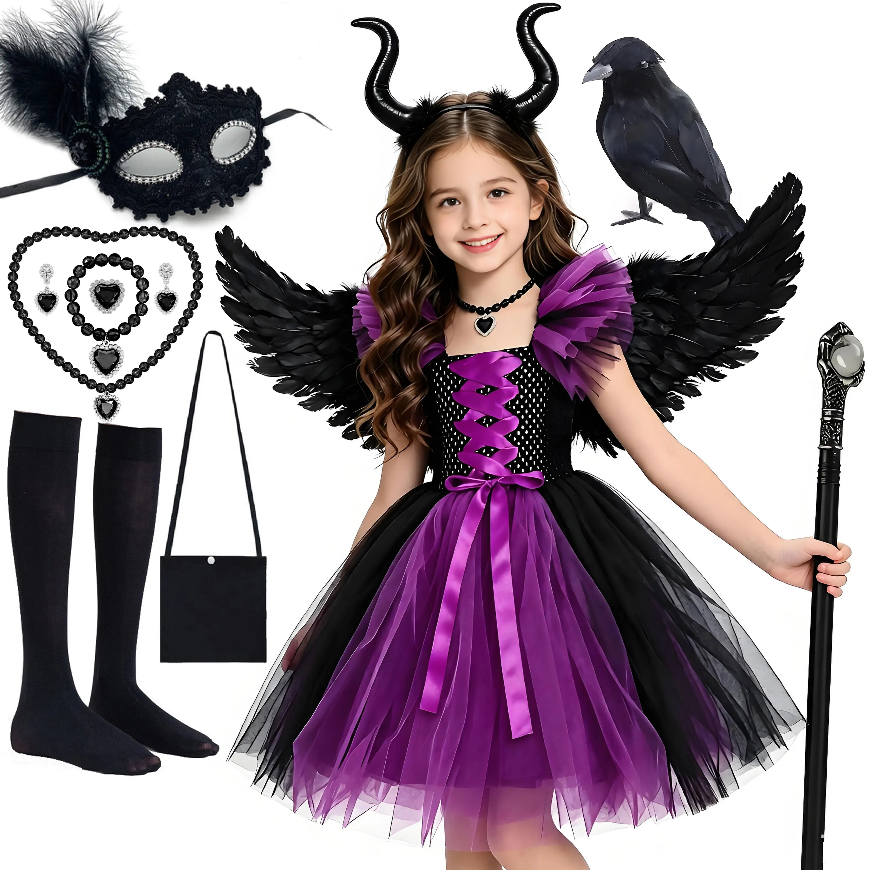 2026 Halloween Carnival Birthday Party Girl Cosplay Purple Black Dark Queen Tutu Witch Evil Fairy Fluffy Dress Wing Outfit 2-10T