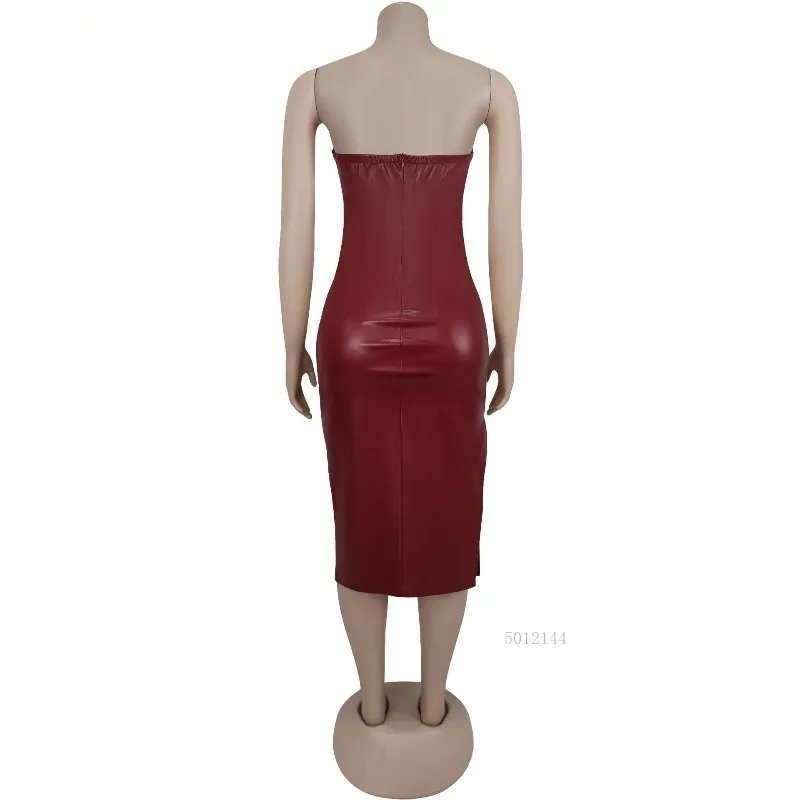 여성 아이렛 인조 가죽 바디콘 스트랩리스 바디콘 미디 드레스 2025 휴가 클럽 스트리트 섹시 파티 베스티도 드레스