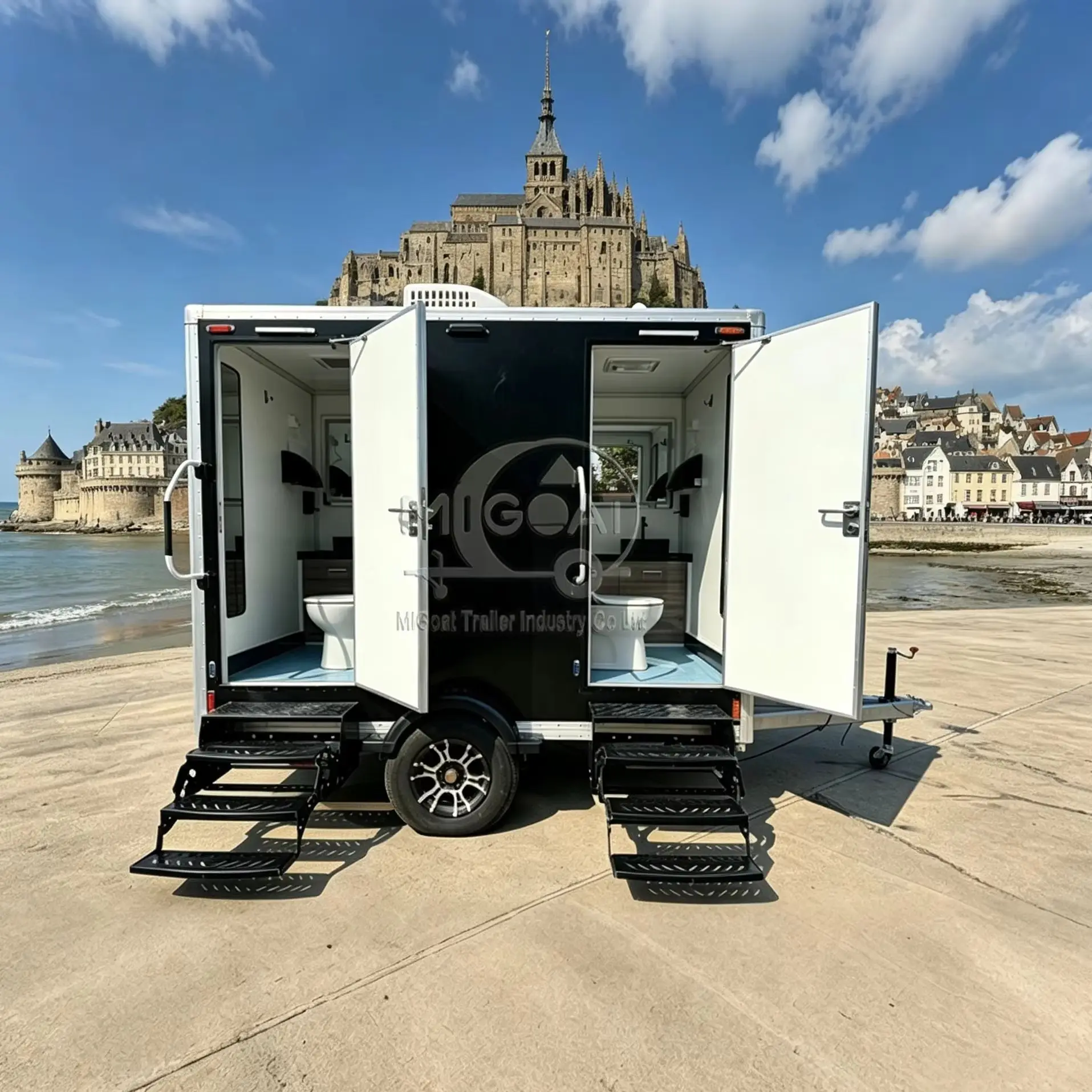Matte Black 2-Stall Portable Restroom Trailer Mobile VIP Toilet with Steps for Events And Weddings