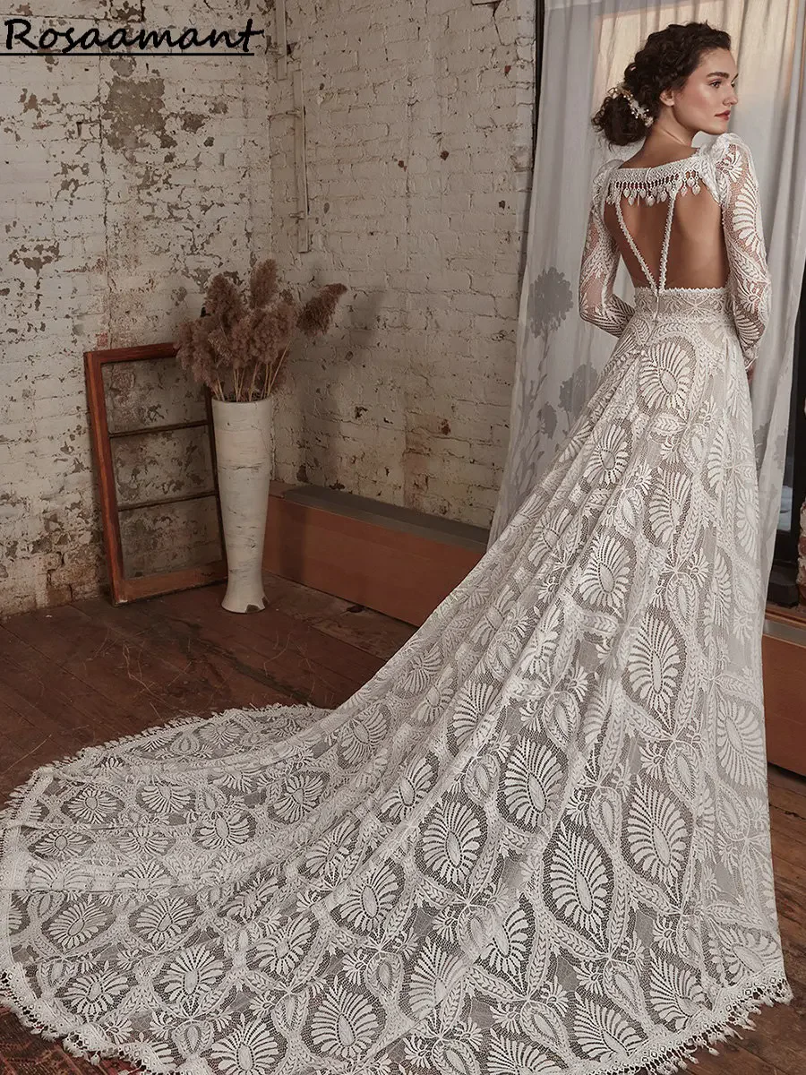 Bohemian Lace Appliques Detachable Sleeve A-Line Wedding Dresses V-Neck Open Back Bridal Gowns robe de mariée