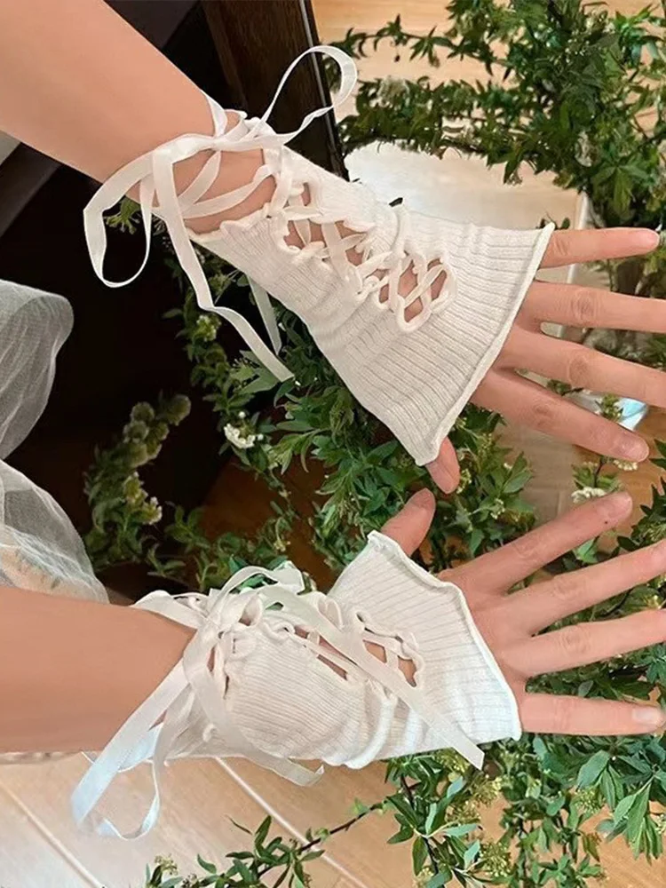 Рукава на бретелях JK Девушка с открытыми пальцами Перчатки в стиле Харадзюку Нишевый комплект с рукавами Y2k Сексуальный кружевной ажурный и стильный чехол на рукав