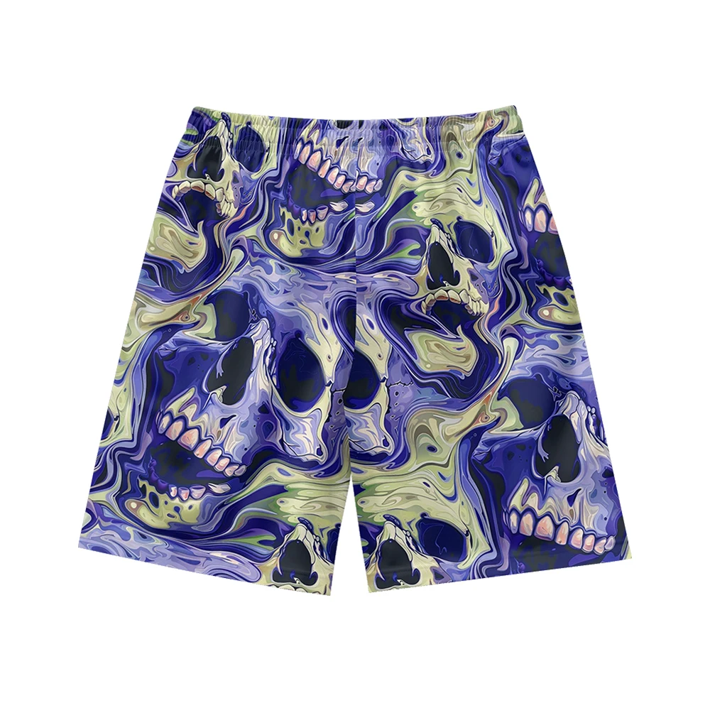 Trendy skull pattern, suitable for daily wear, casual trend, summer men's drawstring beach sports shorts