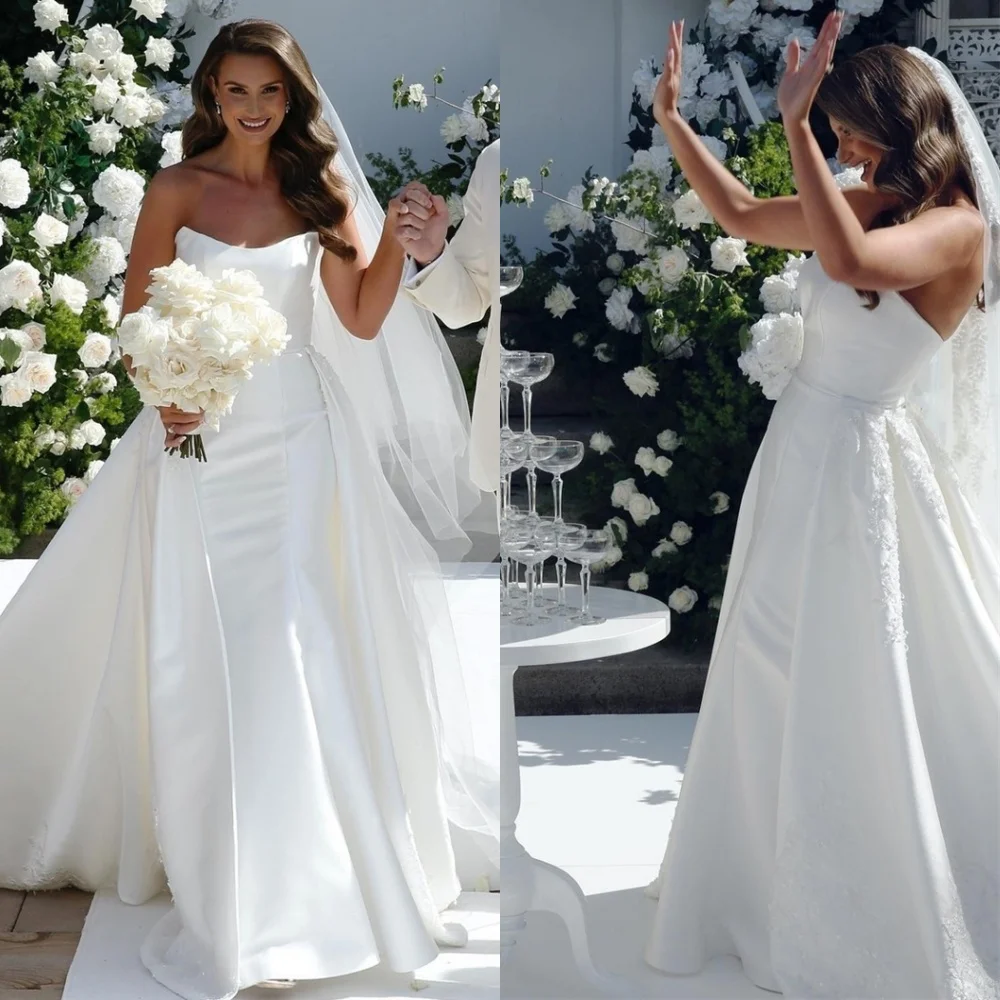 

Customized White Satin Wedding Dress Temperament Strapless Sleeveless Bridal Gowns Chapel Train Zipper Back Mermaid Dress