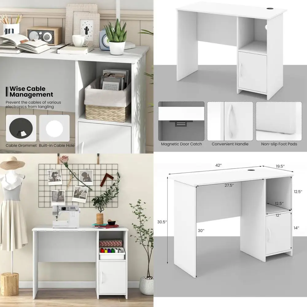 

Современный белый стол 42 дюйма для домашнего офиса, компактная компьютерная рабочая станция с местом для хранения и системой организации кабелей для спальни или кабинета