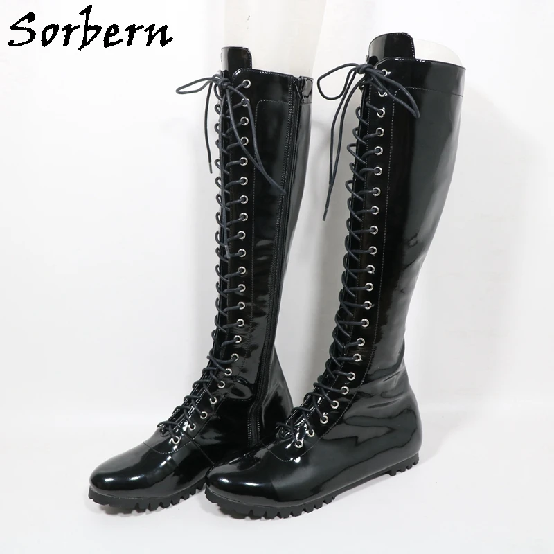 Sorbern Black Glossy Knee High Women Boots Rubber Sole Flat Round Toe Lace Up Unisex Style Boot Female Custom Leg Size
